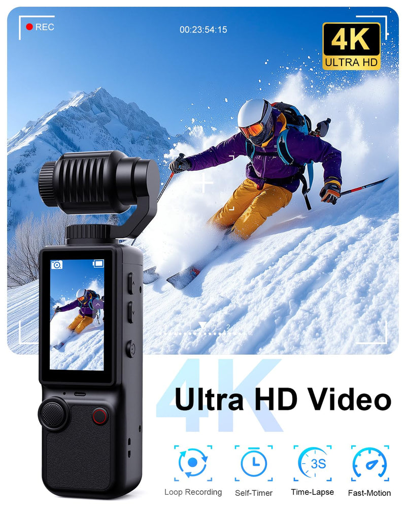 4K Vlogging Camera with 180°Rotating Lens, Portable Handheld Video Camera | 16X Zoom Pocket Digital Camcorder with Clear Mic, 2.0’’ Screen,32GB Card,Tripod,2000mAh Battery for Travel&Youtube Tiktok