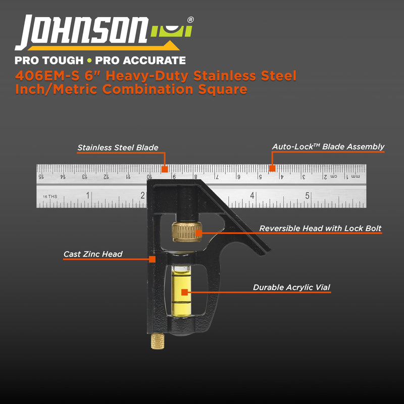 Johnson Level & Tool 406EM-S Heavy Duty Professional Inch/Metric Metal Combination Square, 6", Silver, 1 Square 6"