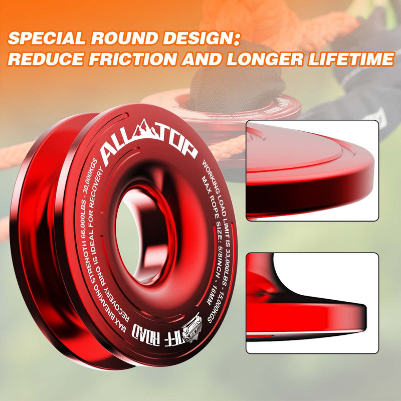 ALL-TOP Recovery Ring 66000 LBS Winch Snatch Towing Ring, Tackle Pulley System, Rope Retention Safety Strap Included, Red Red Recovery Ring
