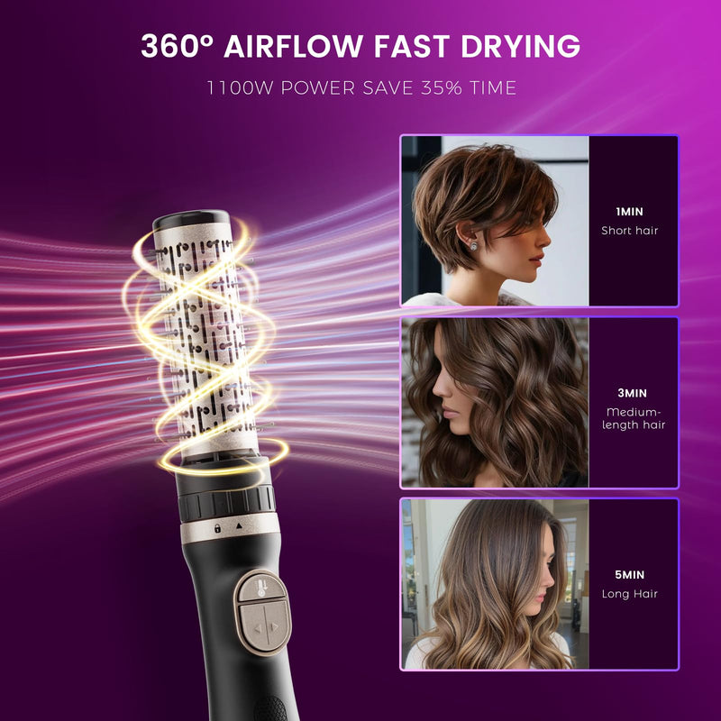 Hair Dryer Brush, 3-in-1 Hot Air Brush 1100W with 3 Heads for Drying Styling Volumizing Curling Sleeking in One Step, 3 Temperatures, Negative Ionic, Ceramic Coating, 360° Rotating, Black Gold