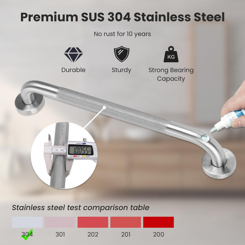 MrHAND 16 Inch Satin 304 SUS Stainless Steel Grab Bar, 2 Pack | Premium 1.0mm Extra-Thick Construction, Knurled Grip, Sturdy & Stable Handicap Support, 500 lbs Capacity, ADA Compliant