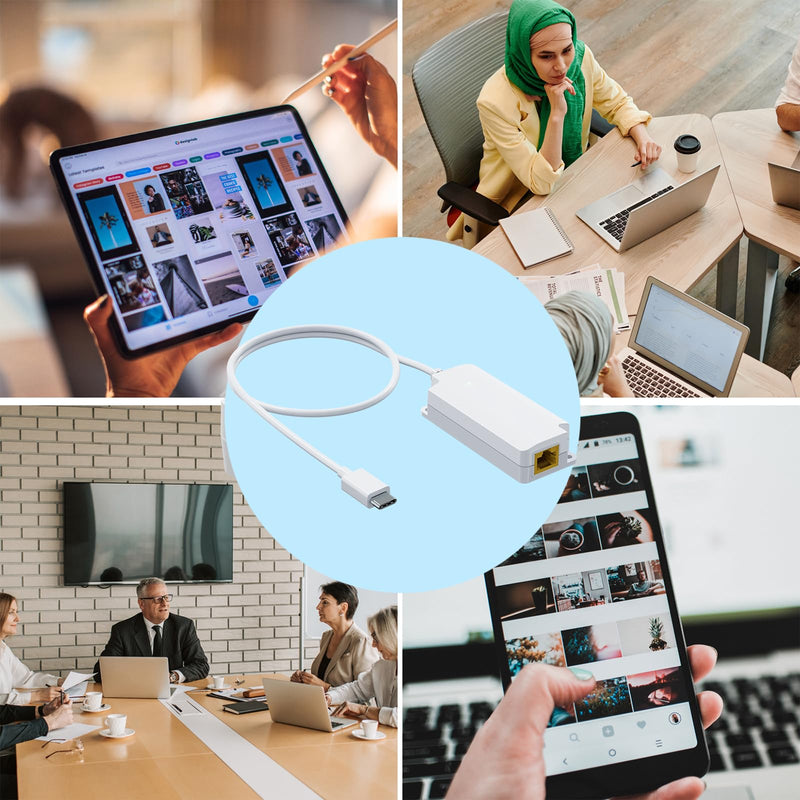 Gigabit PoE to USB C Converter for Smart Phone/Tablet, USB-C to Ethernet Adapter with 10W Charging, Power & Data 2-in-1 RJ45 Port to Type-C Adapter, 10/100/1000Mbps High Speed Plug & Play,PT-PGC-AF