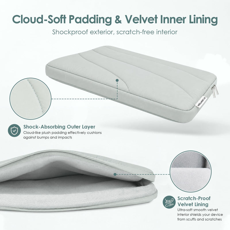 LENTION 14" Cloud Puffy Laptop Sleeve, Water-Resistant Shock-Absorbing Case | Velvet Inner Lining, Slim Portable Design, Minimalist Sage Gray Compatible with 13-14 Inch Laptops for Daily Commute & Travel