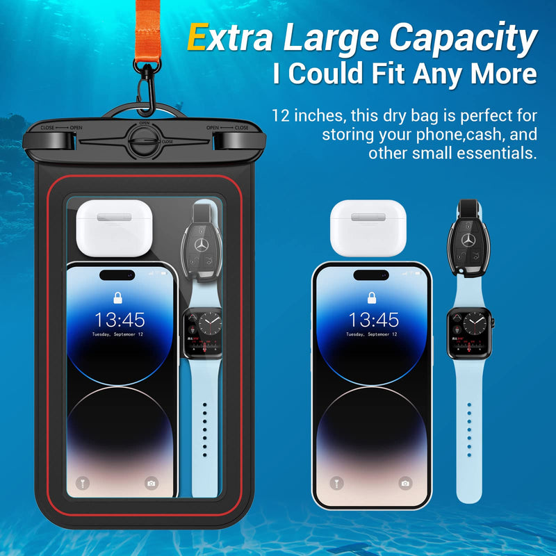 Waterproof Phone Pouch, IPX8 Waterproof Phone Case for iPhone 17/16/15/14/13/12/11/SE Series, Cell Phone Dry Bag for Beach & Cruise Essentials, Lanyard Included, Touch Screen (Fits Up to 8.9”), Black