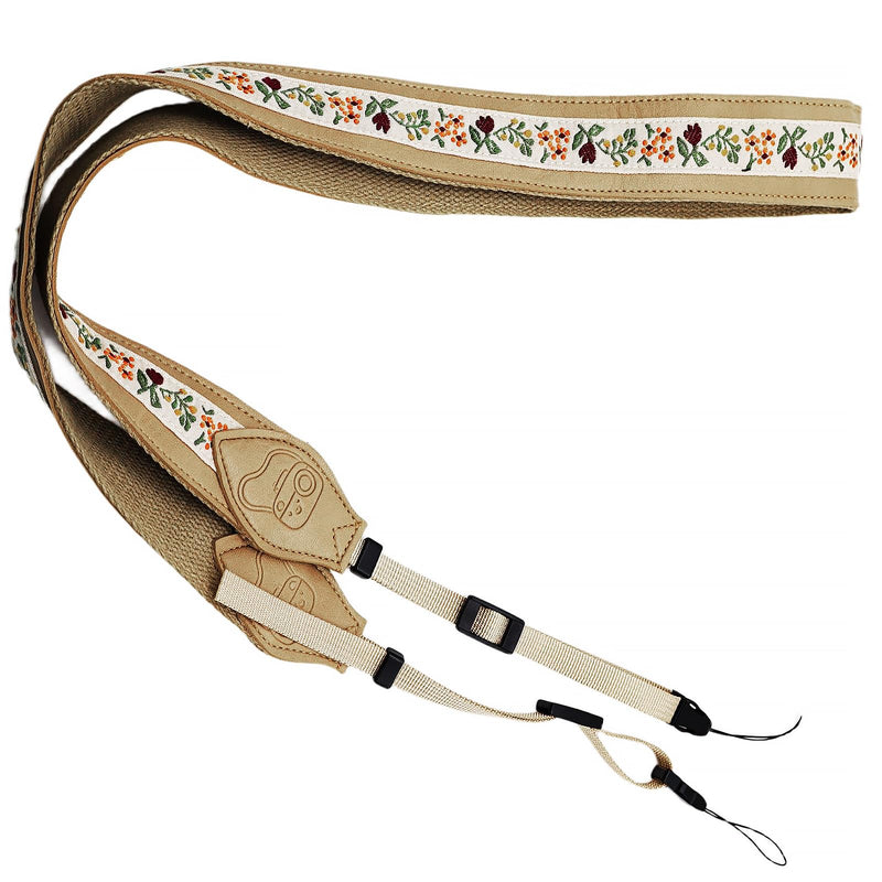 Retro Embroidery Camera Strap - Leather Camera Neck Strap for Canon,Nikon, Adjustable Shoulder Straps for All Cameras Khaki Embroidery Camera Strap-05