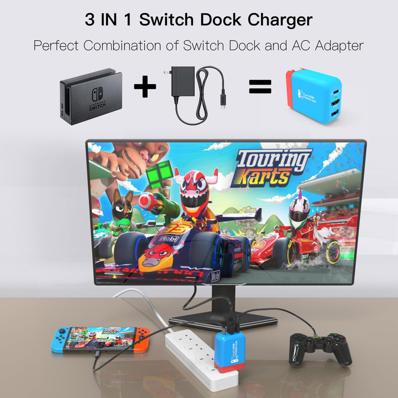 Mirabox 65W Portable Switch Dock Charger for Nintendo Switch, Compatible with OLED/Steam Deck/ROG Ally/Samsung Dex/iPad/MacBook, 4K 60Hz USB C TV Docking Station, with Charging and HDMI Output Blue