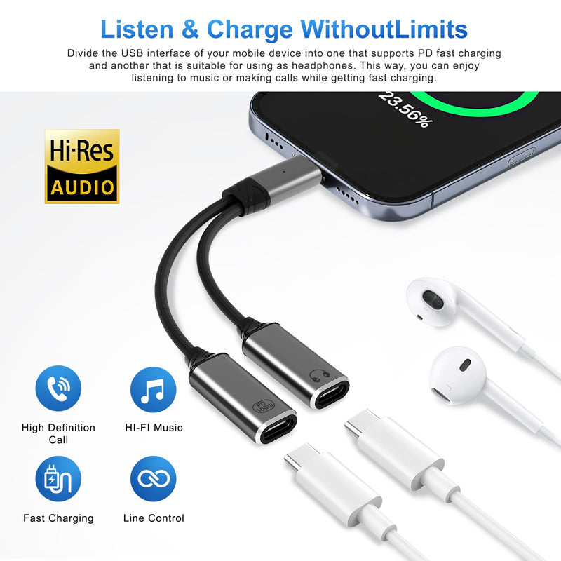 Mandiq USB C Splitter 1 in 2 Out，Type C to Headphone Jack Adapter and Charger Adapter Audio Dongle Cable with PD 100W for iPhone 16 15 Pro Max， iPad Pro，More USBC Grey