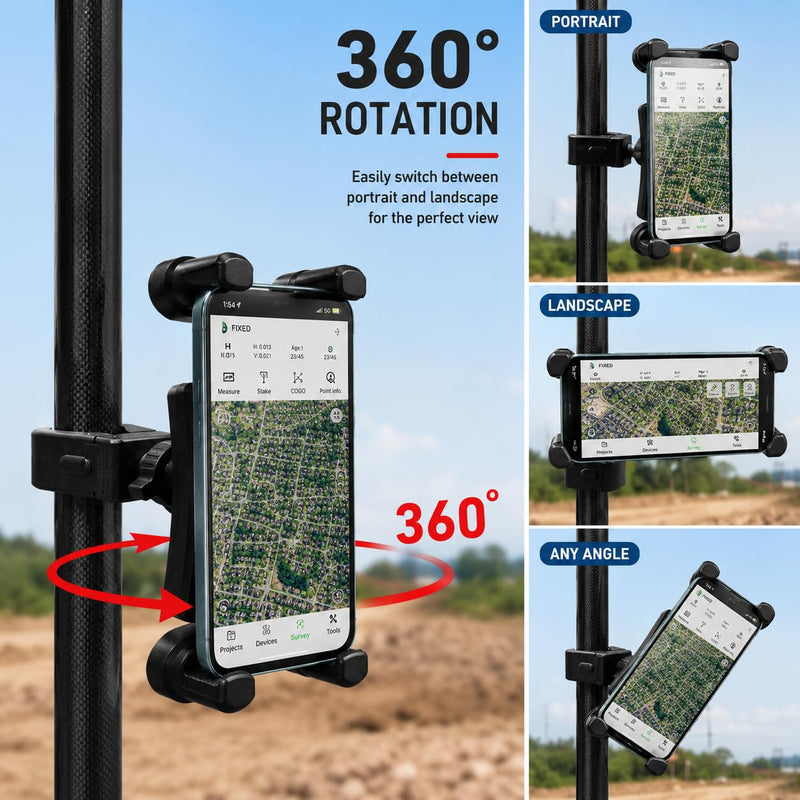 Universal Survey Pole Tablet Holder Clamp for iPad iPhone GPS GNSS Data Collector, Heavy Duty Tripod & Prism Pole Mount with 1/4-20 Thread for Bike Handlebar Boat Rail Treadmill Microphone Stand