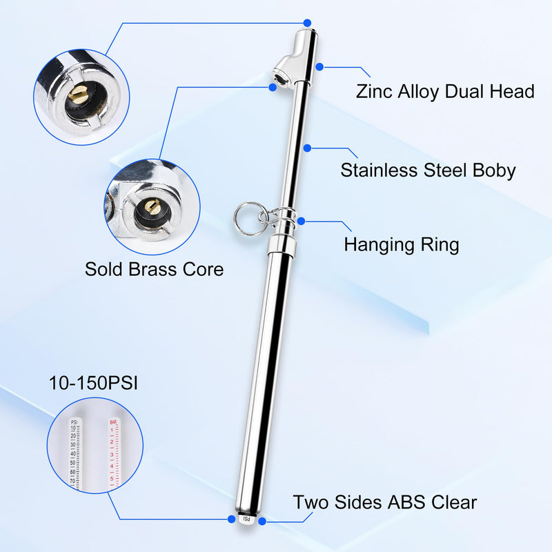 Dual Head Tire Pressure Gauge Heavy Duty Air Pressure Tire Gauge for Auto Truck Car RV Van Gage Range 10-150PSI, 1-10Bar (Silver) (Black, 10) silver 2