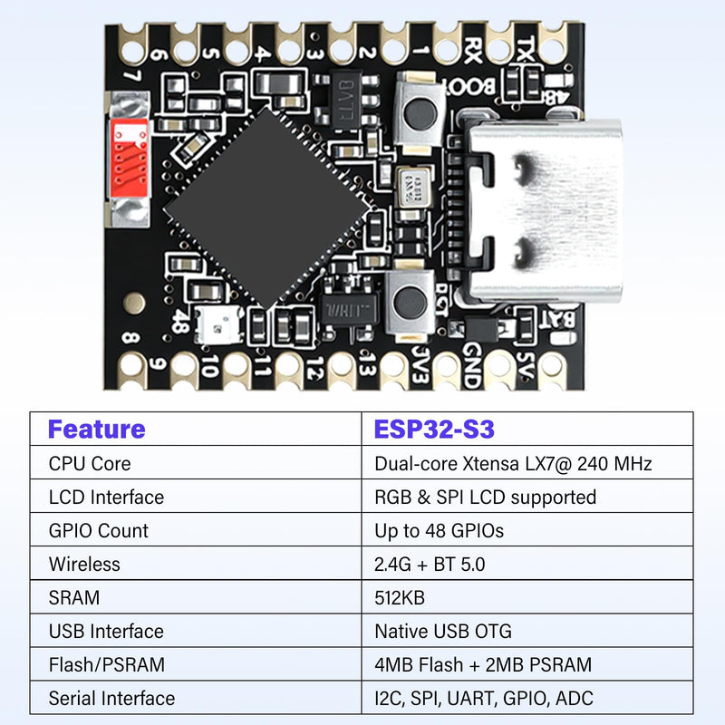 Aideepen 4-Pcs ESP32-S3 Mini Development Board, ESP32-S3 Dual-Core WiFi + Bluetooth 5.0 IoT Dev Kit, USB-C, 240MHz MCU, 2.4GHz Wireless Module, Low Power Embedded Board (No Soldered Header) S3-Black