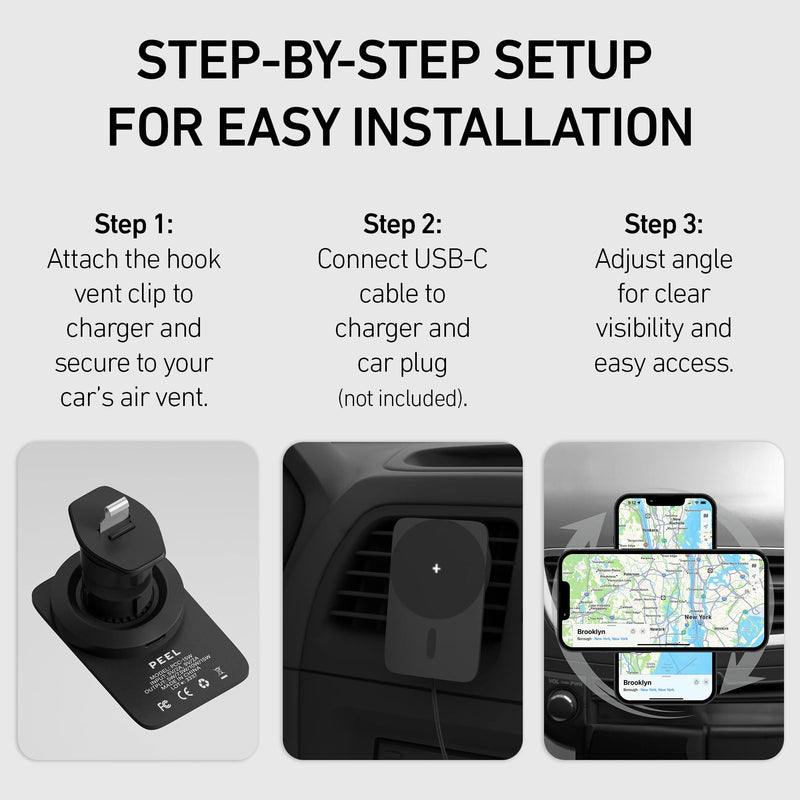 PEEL Magnetic Wireless Car Charger (Black) | Compatible with MagSafe Devices, 15W Fast Wireless Charging, Adjustable Vent Mount for iPhone 17/16/15/14/13/12