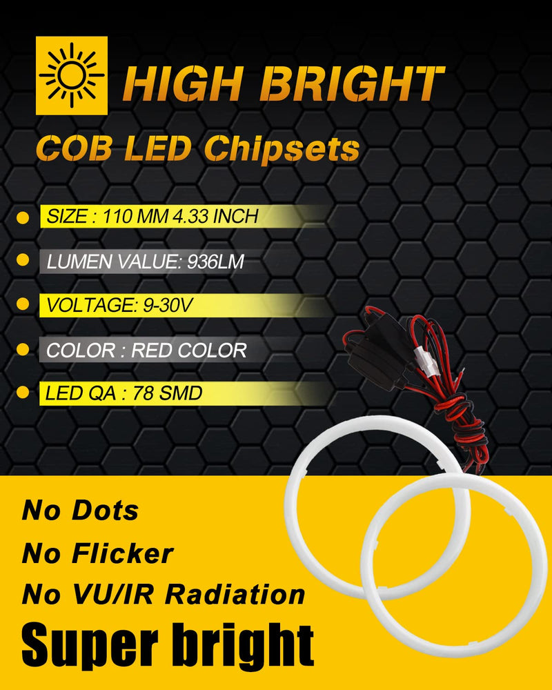 QasimLED 110MM Red Angel Eyes 78SMD COB LED Driving Light DRL Halo Ring Day Decorative Warning Lights 9-30V DC,1 Pair 110MM 4.33inch