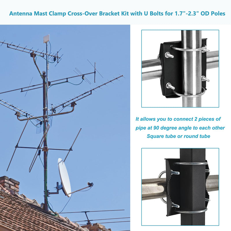 Antenna Mast Clamp Cross-Over Bracket Kit for 1.7-2.3" OD Poles, Antenna Pole Mounting Hardware with U Bolts, for TV Antenna, Weather Station, Antenna Double Pipe-Mounting