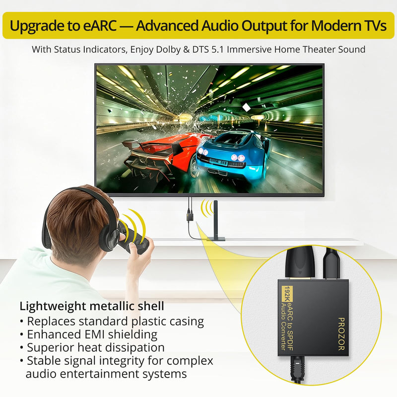 PROZOR HDMI eARC/ARC to Optical Audio Adapter, eARC Audio Extractor | Supports PCM 2.0, Dolby 5.1, DTS 5.1 Audio Formats, eARC Audio Extractor for TV to Soundbar Amplifier Home Theater