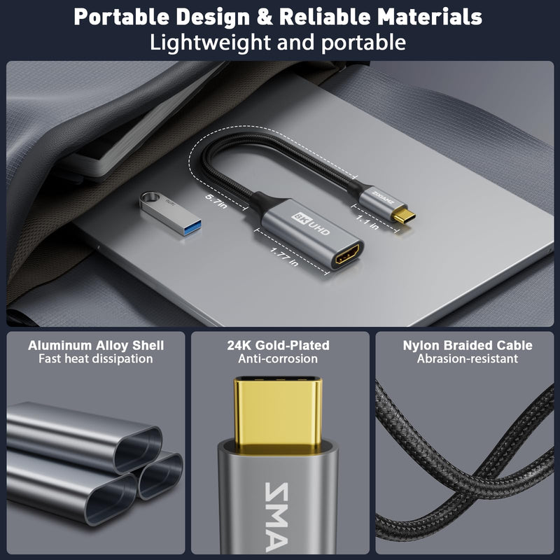 48Gbps Unidirectional USB C to HDMI 2.1 Adapter, 8K@60Hz, 4K@144Hz | High-Speed Type C Thunderboit 5/4/3 to HDMI Converter, Male to Female, for MacBook Pro/Air, XPS, iPad Por, iPhone16/17 Series