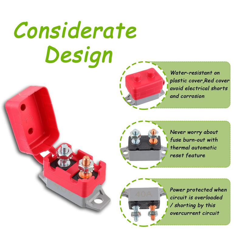 40A 12V-24V Automatic Reset Circuit Breaker with Cover Stud Bolt for Battery Chargers Trucks Car Engines and More(2pcs) 40-AMP