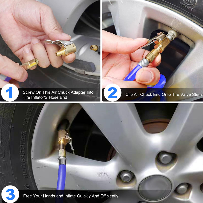 2pcs Locking Tire Air Chuck,Brass Tire Inflation Hose Adapter,Tire Nozzle With Tire Valve Threads,Unscrewed Connection Converted To Locking Connection,No Air Leakage On Chuck Air Compressor Pump Clip