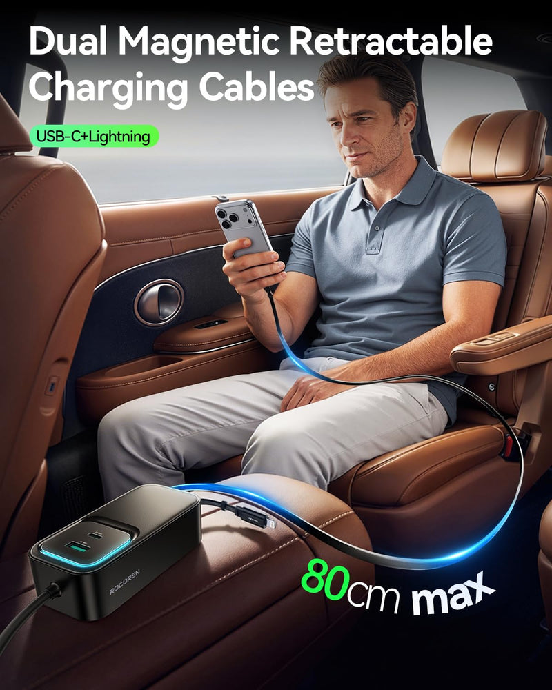 Rocoren 135W 6‑Port PD USB‑C Fast Car Charger Cigarette Lighter Adapter | Travel Essentials for Road Trips with 5FT Cable & 2 Retractable Cable, Car Accessories for iPhone, Galaxy