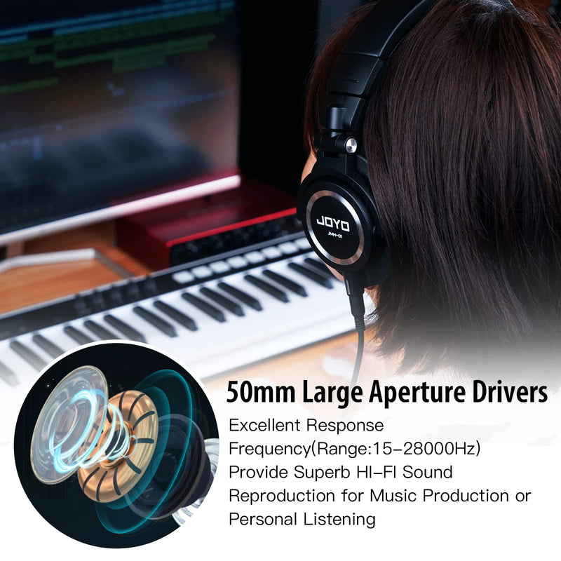 JOYO Studio Monitor Headphones Wired Audio Recording Monitor Headset Over Ear Headphones for Mixer Amplifier Podcast Keyboard Piano Deep Bass 3M Cable (JMH-01) Over-Ear Studio Monitor Black