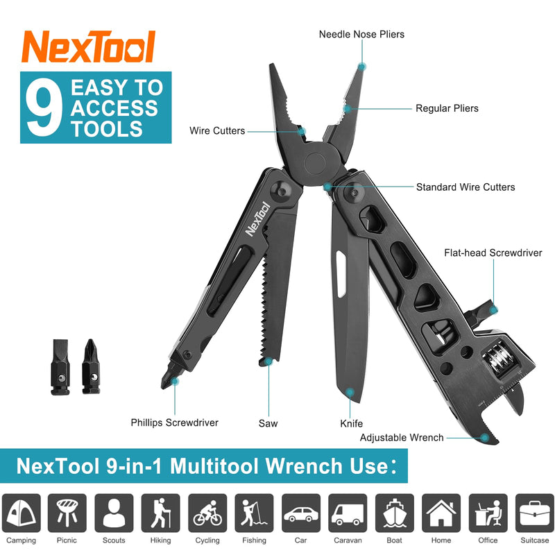 NexTool Adjustable Wrench Multitool, 9 in 1 Multi Tool with Multitool Pliers, Adjustable Wrench, Pocket Knife and Screwdriver, Foldable Stainless Steel Multi-Tool for Mechanical Maintenance, Camping Full Size Adjustable Wrench Multitool Pliers