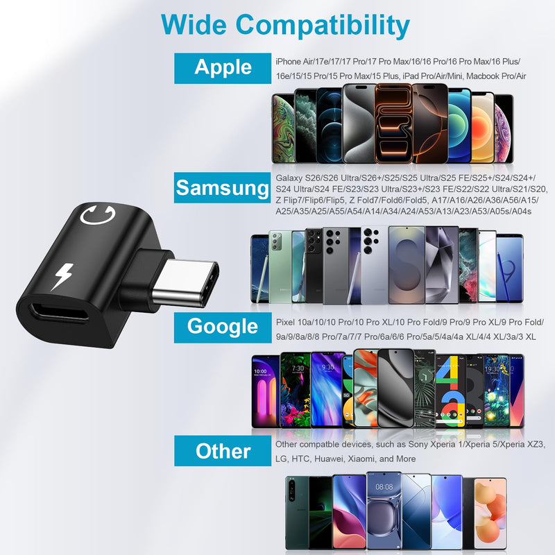USB C Samsung Headphone and Charger Adapter 2in1 Type C to USB C Audio Jack | PD 60W Fast Charging Aux Dongle Cable Conventor for Galaxy S26/A17/A16/A15/5G/A36/A56/S25 Ultra iPhone 17e/17/16 Pro Max black