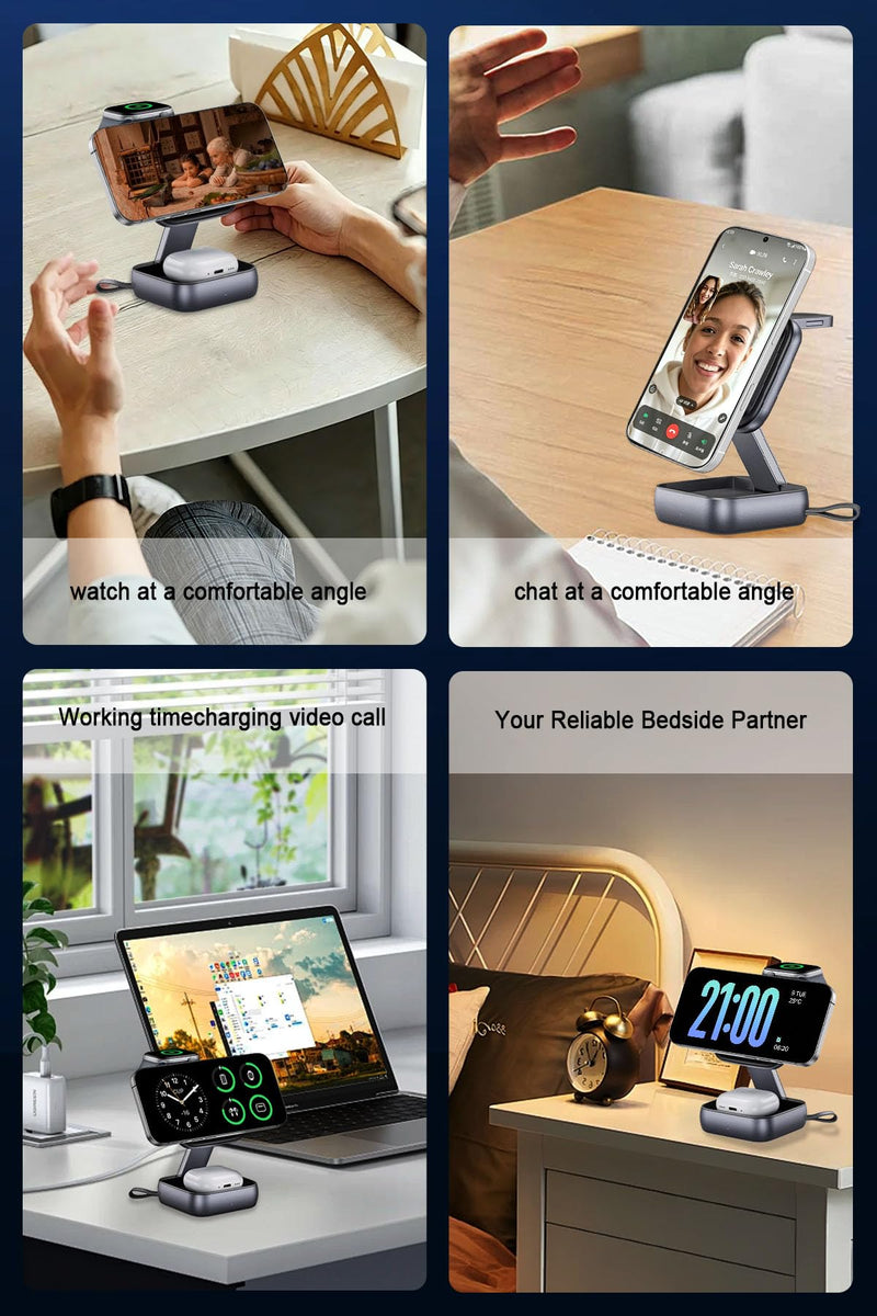 Wireless Charging Station for Apple Devices,Magnetic Travel Charger | Folding 3-in-1 Charger Stand Compatible with MagSafe for iPhone 17 16 15 14 13 12 Series,Airpods&Apple Watch,No Adapter 2