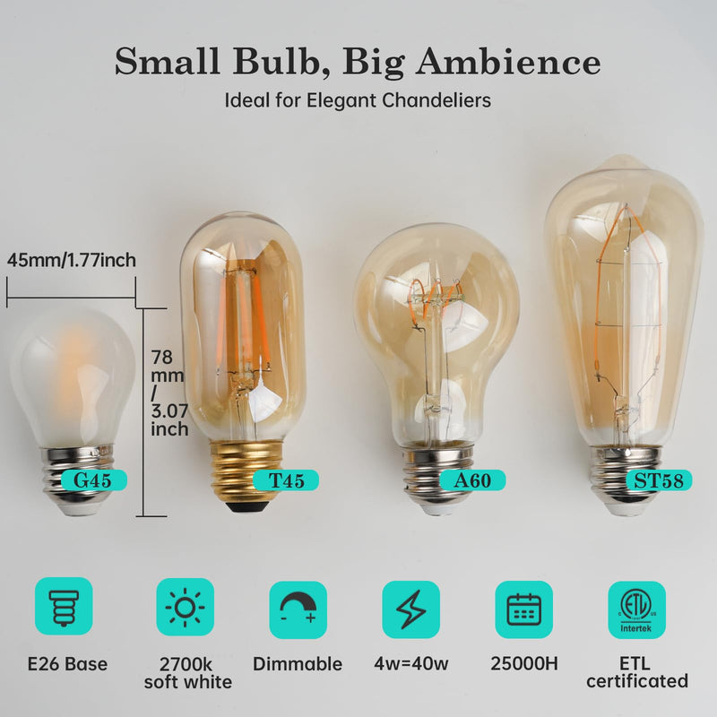 AMDTU Vintage E26 LED Edison Bulb 40W Small Globe 2700K Soft White Frosted Dimmable 40 Watt Warm G45 Medium Standard Base Bulbs Ideal for Home Lighting Fixtures Create Cozy Ambiance in Bedrooms 4w=40w 2700k Soft White 12 Count(Pack of 1)