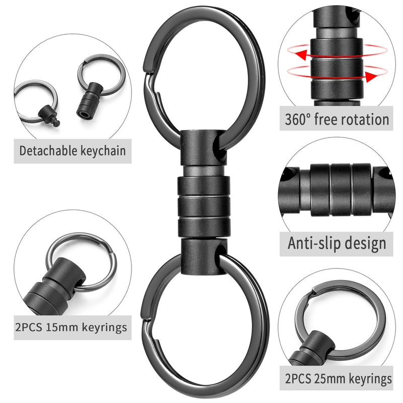 FEGVE Titanium Quick Release Keychain, Small Detachable Swivel Keychain Accessories with 4 Key Rings for Bag, Belt & Car-(Anti-fall/Black-1pcs) Black (1-pack)