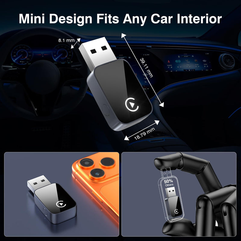 2-in-1 Wireless CarPlay & Android Auto Adapter Bluetooth 5.3 5GHz Wi-Fi | USB A and Type-C convert wired into wireless plug and play, which is suitable for iOS 10+ Android 11+.