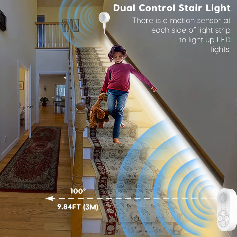 Dual Sensor Stair Lights Indoor, Motion Activated Plug-in Step Light Strip Indoor with Dimmer, Delay Timer for Stairway (Warm White 3000K (32.8FT Light Strip), Power Adapter (3.28FT Cable)) Power Adapter (3.28FT Cable)