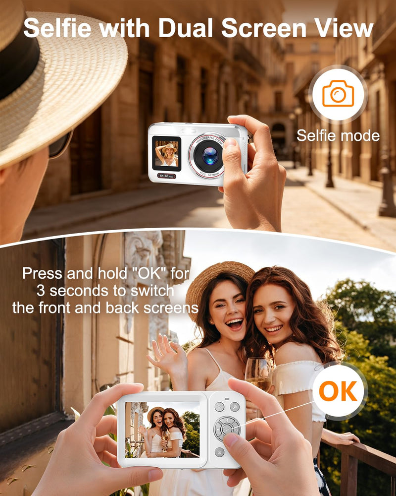 Digital Camera, 5K 80MP Dual Screen, Auto Focus for Beginners Teens | Point and Shoot Camera with 18X Zoom, 32GB Card & 2 Batteries, Great Travel Vlogging Camera for YouTube, White