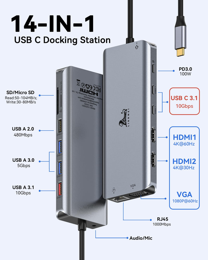 USB C Docking Station Dual Monitor for Laptop, LIONWEI 14-in-1 USB-C Hub with Triple Display, 2 HDMI + VGA, Ethernet, 6 USB A/C 3.0/2.0, PD, SD/TF, Audio, USBC Dock for Surface/HP/Dell/Lenovo/MacBook 14 in 1 VGA