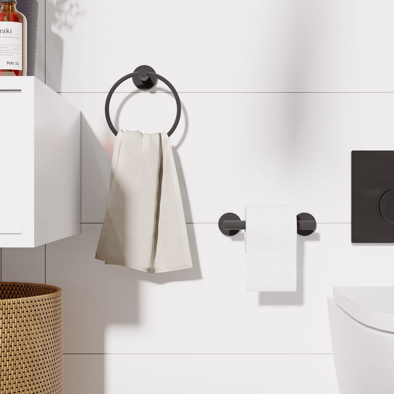 RARXTR Matte Black Toilet Paper Holder & Towel Ring SUS304 Stainless Steel 2pc Bathroom Hardware Set with Double Post Pivoting Toilet Paper Roll Holder Wall Mount & Bathroom Towel Holder Set 2-Piece