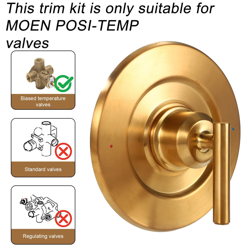 Replacement for Moen T2901 Gibson Posi-Temp Shower Trim Kit, Shower Valve Trim Kit Durable Metal Construction Modern Bathroom Upgrade (Gold) Gold