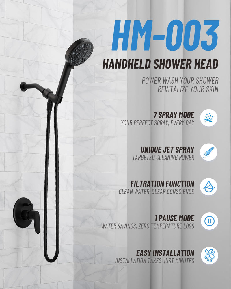 Filtered Handheld Shower Head for Hard Water, High Pressure Showerhead with 7 Spray Modes, Power Jet & Pause, Detachable & Adjustable for Healthier Skin & Hair - Matte Black (VMASSTONE HM-003)