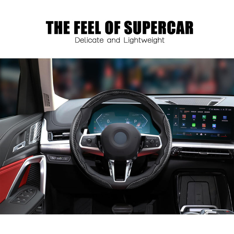 3 Piece Carbon Fiber Steering Wheel Cover,Car Steering Wheel Protector with Non-Slip Lining,Breathable Microfiber Universal for 14.5-15 inch,Black Black Standard Size[14"1/2-15"]