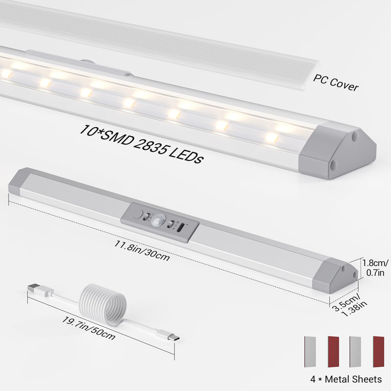 WOBANE Closet Lights Motion Sensored with Eye-Protection,Rechargeable LED Wardrobe Lighting with 3 Color,12 inch Dimmable Wireless Battery Operated Light Indoor for Stair,Pantry,Hallway,900mAh,3PCS 3 Pack