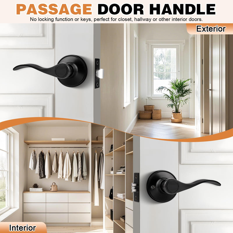 Probrico Wave Shape Passage Door Lever Black Keyless Handle for Hall and Closet, Interior Non-Locking Leverset Handleset Hardware,Reversible for Right and Left Handed Doors,1 Pack 1
