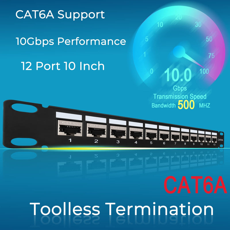 Rapink Mini 12 Port Cat6A Patch Panel with Inline Keystone 10G Support, Shielded 10-Inch with Removable Back Bar, 1U Network Patch Panel for Cat7, Cat6, Cat6A, Cat5e