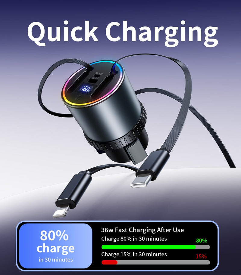 Retractable Car Charger USB Hub with RGB Light, 4 Port Car Charging Station Cigarette Lighter Adapter, Travel Essentials Car Accessories Gadgets for Men Gifts for iPhone 17 16 15 14 13 Pro Max