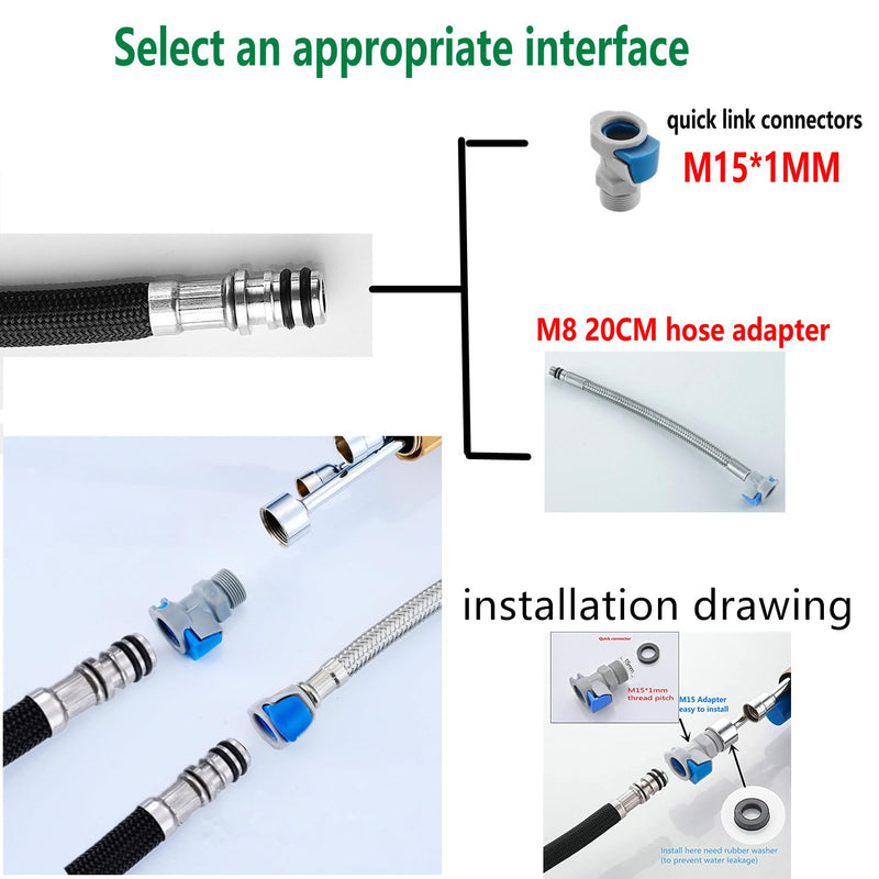 Pull Down Kitchen Faucet Hose Replacement M15*1MM X G1/2,(360 Rotatable) With Quick Connect, 59-Inch for Pluggable Nylon Hose,Compatiblity for WOWOW,OWOFAN,FORIOUS,APPASO,WEWE facuet parts M8+M15 quick connect