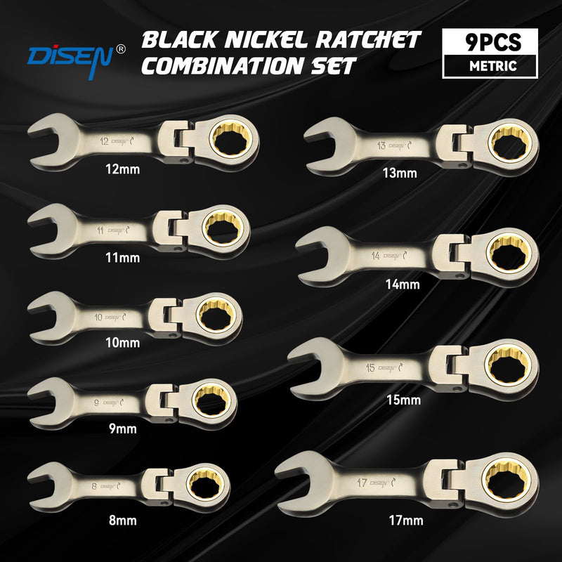 DISEN 9 Pcs 90 Teeth Flex Head Stubby Ratcheting Wrench Set, Metric 8-17 mm, CRV, Nickel Plating Combination Ratchet Wrenches Set with Rolling Pouch White