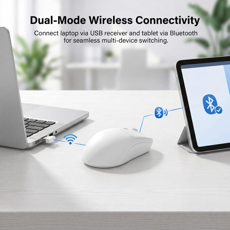 Wireless Mouse, Bluetooth & 2.4G, Silent Click, 3 DPI, Rechargeable -White | Bluetooth 5.4 & 2.4G Dual Modes, Silent Click, Rechargeable Battery, Ergonomic Design for Laptop, PC, Mac, Chromebook, Tablet
