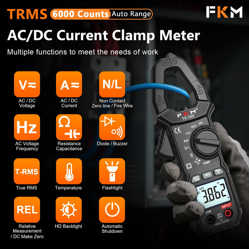 FKM AC/DC 600 Amp Clamp Meter Multimeter Tester TRMS 6000 Counts Auto-ranging Smart Digital Voltage Tester,for AC/DC Current/Voltage,NCV Detection,Capacitance,Resistance,Ohm,Continuity,Diode,Hz,Temp Black-(AC/DC Current)Clamp Meter