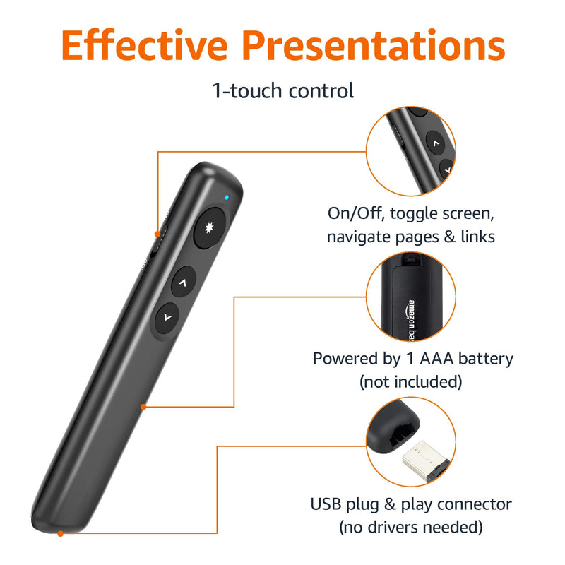Amazon Basics Wireless Presenter, Red Laser, 2.4GHz, Battery Operated, Hyperlink