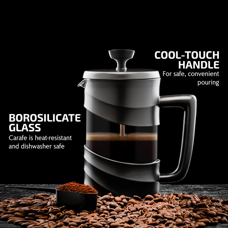 OVENTE French Press Coffee Maker 20 Ounce with Heat Resistant Borosilicate Glass & Stainless Steel 4-Level Filtration System, Portable Cold Brew Coffee Maker for Travel, Camping or Gift, Black FPW20B