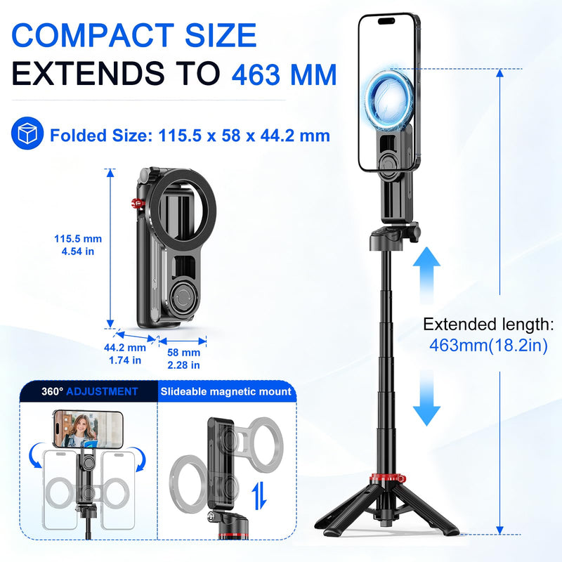 Mini Magnetic Quadrapod Selfie Stick for Phone with Carabiner & Remote | Extendable, Pocket-Sized & Lightweight. Bluetooth Remote with Zoom. Compatible with iPhone. Great for Travel, Vlog & Selfie.