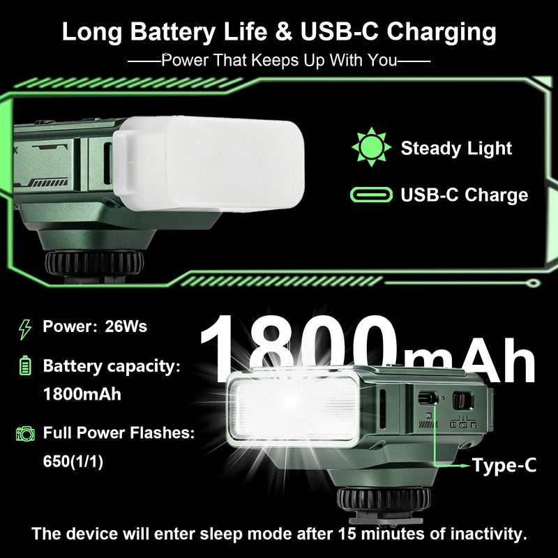 VILTROX 26Ws TTL Mini Flash Speedlite for Fujifilm, GN16 1800mAh, 1S Rapid Recycle On-Camera Flash Mini Speedlight, Spark Z3-F Flash Speedlight with Diffuser, Green Z3 For Fujifilm(Green)