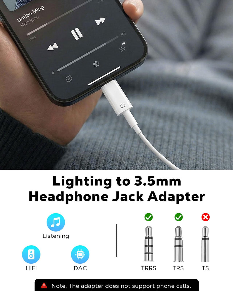 MoKo Lightning to 3.5mm Headphone Aux Adapter, for Music Playback Only | Cable-free Direct-plug Adapter, Lossless Hi-Fi Sound, Plug & Play, For iPhone 14/13/12/11/iPad White 2 Pack