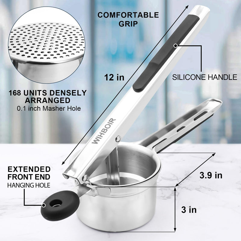 Large 15 oz Stainless Steel Potato Ricer with Silicone Grip - Heavy Duty Ricer for Mashed Potatoes, Purees Black